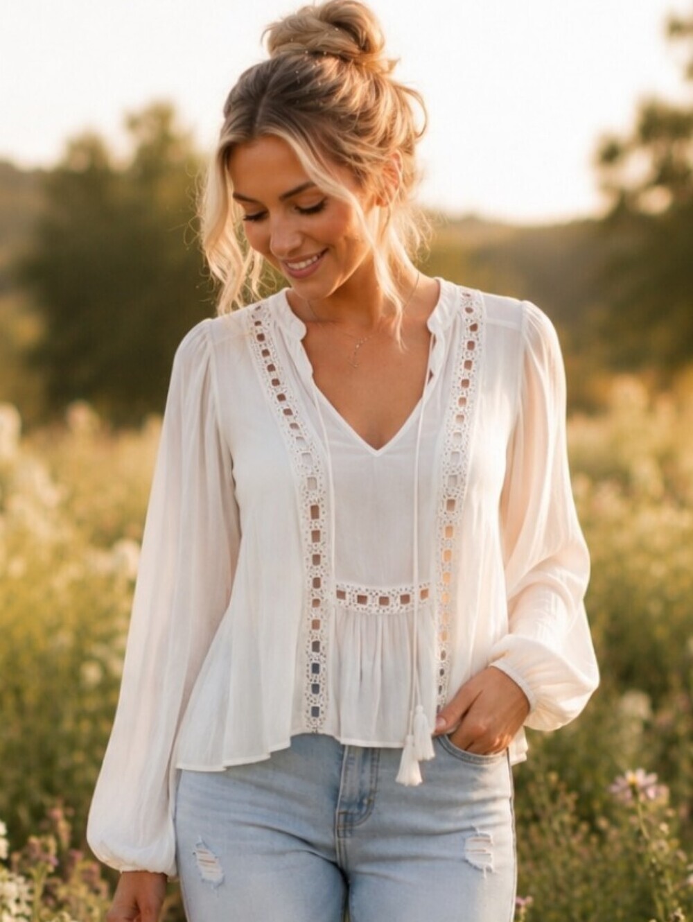 Forever 21 White Semi-Sheer Lace Trim Boho Peasant Cottagecore Blouse Medium EUC